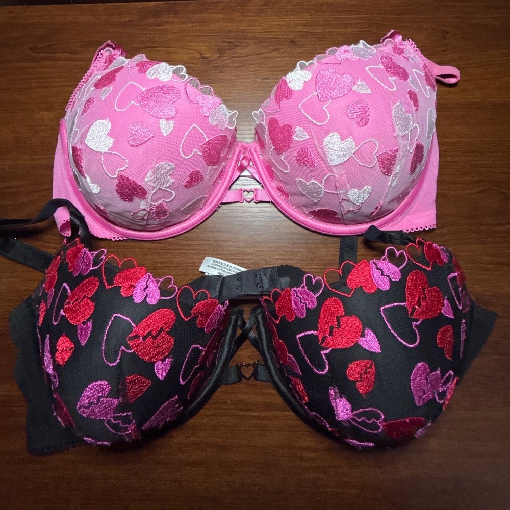 Victoria's Secret PINK Balconette Bra 36D Set Heart Embroidery Pink Black 2pk